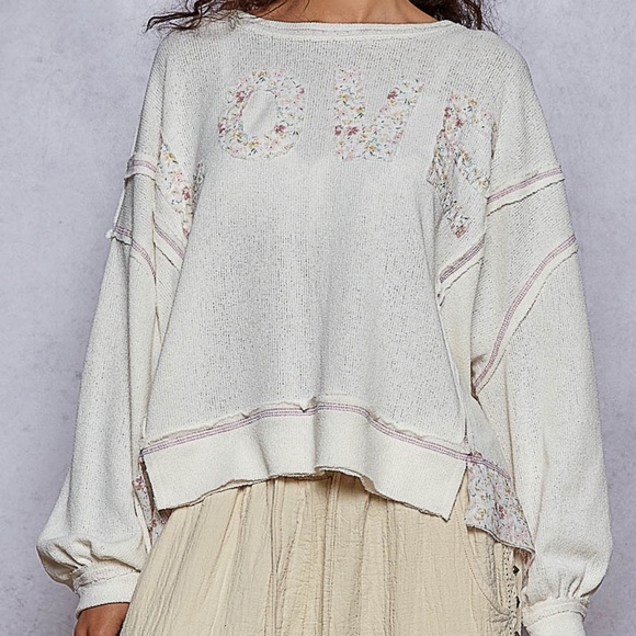 POL Tops - New POL Clothing Women's Oversized Floral Love Patchwork Long Sleeve Knit Top